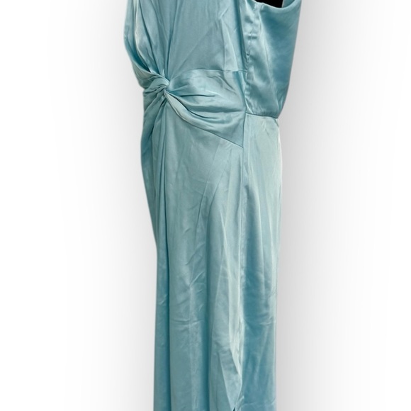 Abercrombie & Fitch One Shoulder Knotted Satin Midi Dress in light blue Sz L - Picture 7 of 11